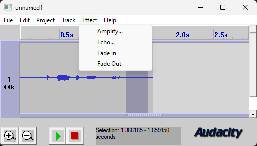 A picture of Audacity 0.8, showing a very sparse UI with practically no features. Only Amplify, Echo and Fade in/out are available as effects.